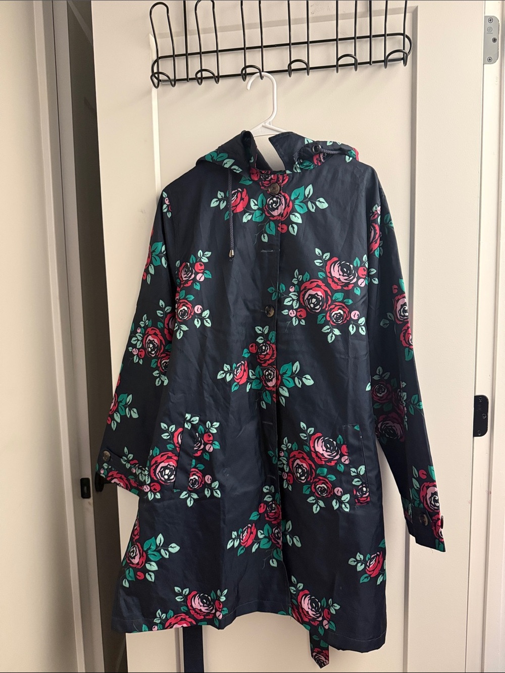 Capelli of New York Navy Floral Hooded Trench Coat